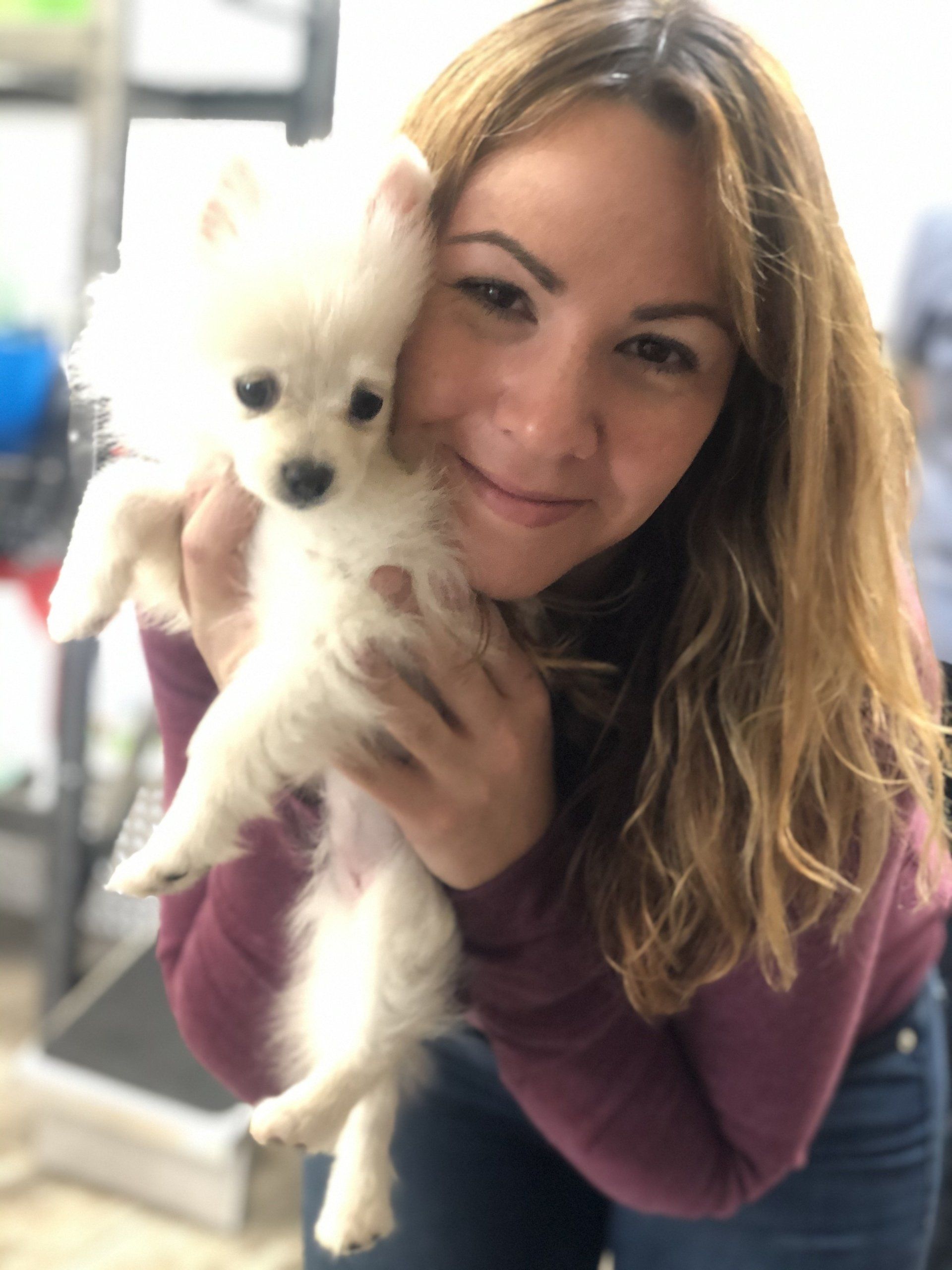 A woman is holding a small white dog in her arms