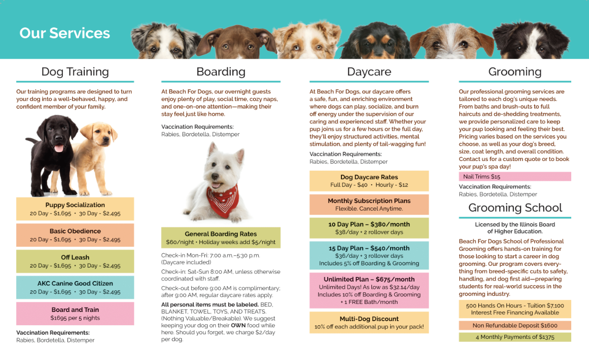 A brochure with a picture of a dog and the words `` our services ''