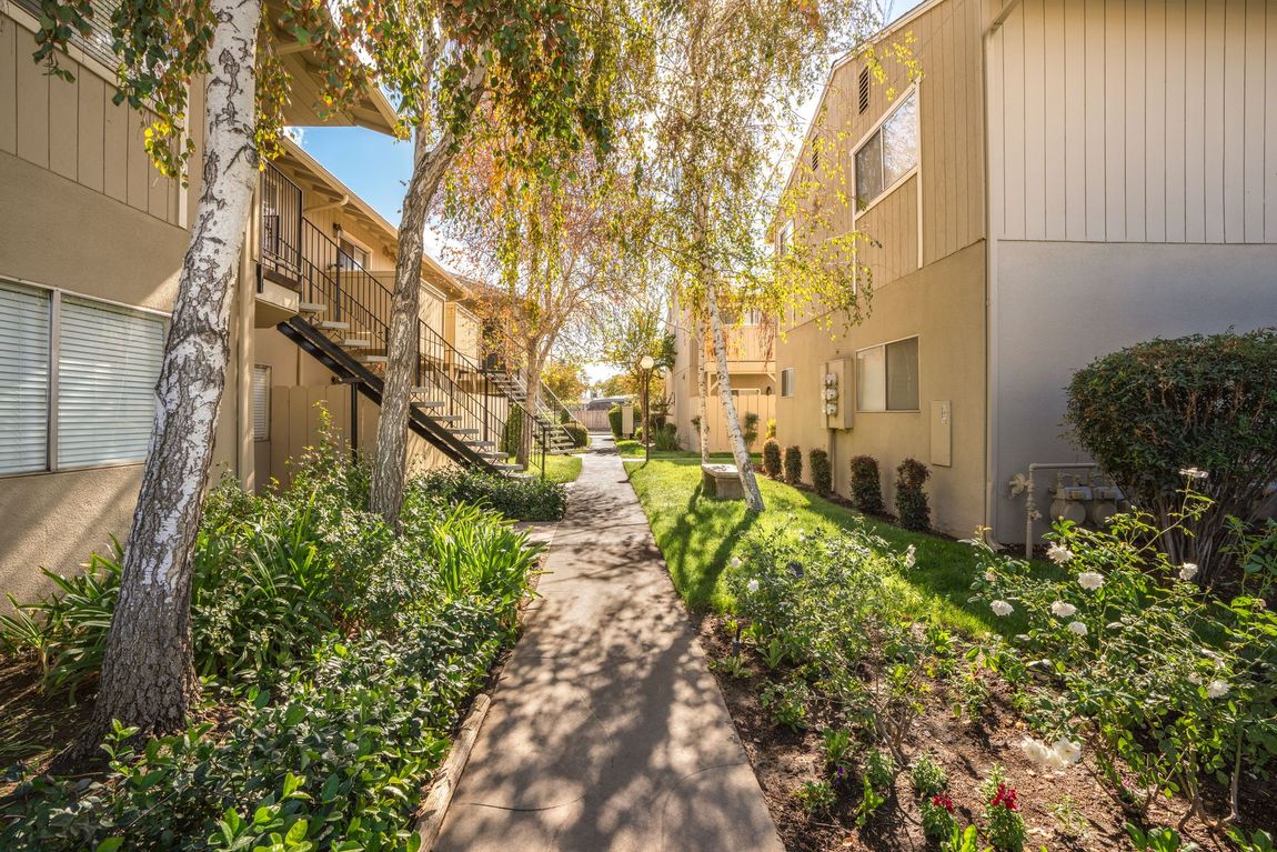 Apartment buildings with a walkway, trees, and landscaping on a sunny day.