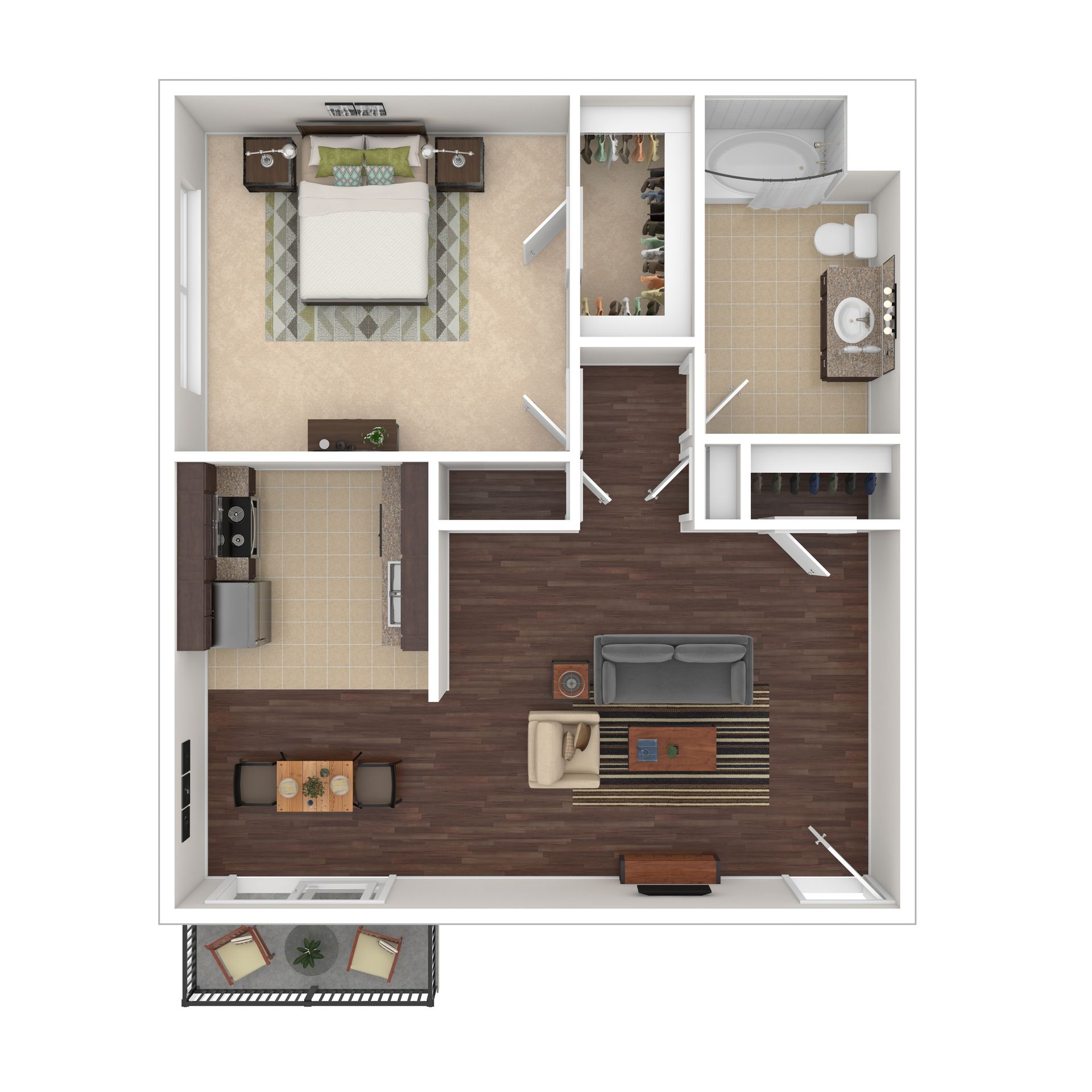 Floor plan of a one-bedroom apartment with a bedroom, bathroom, kitchen, living room, and balcony.
