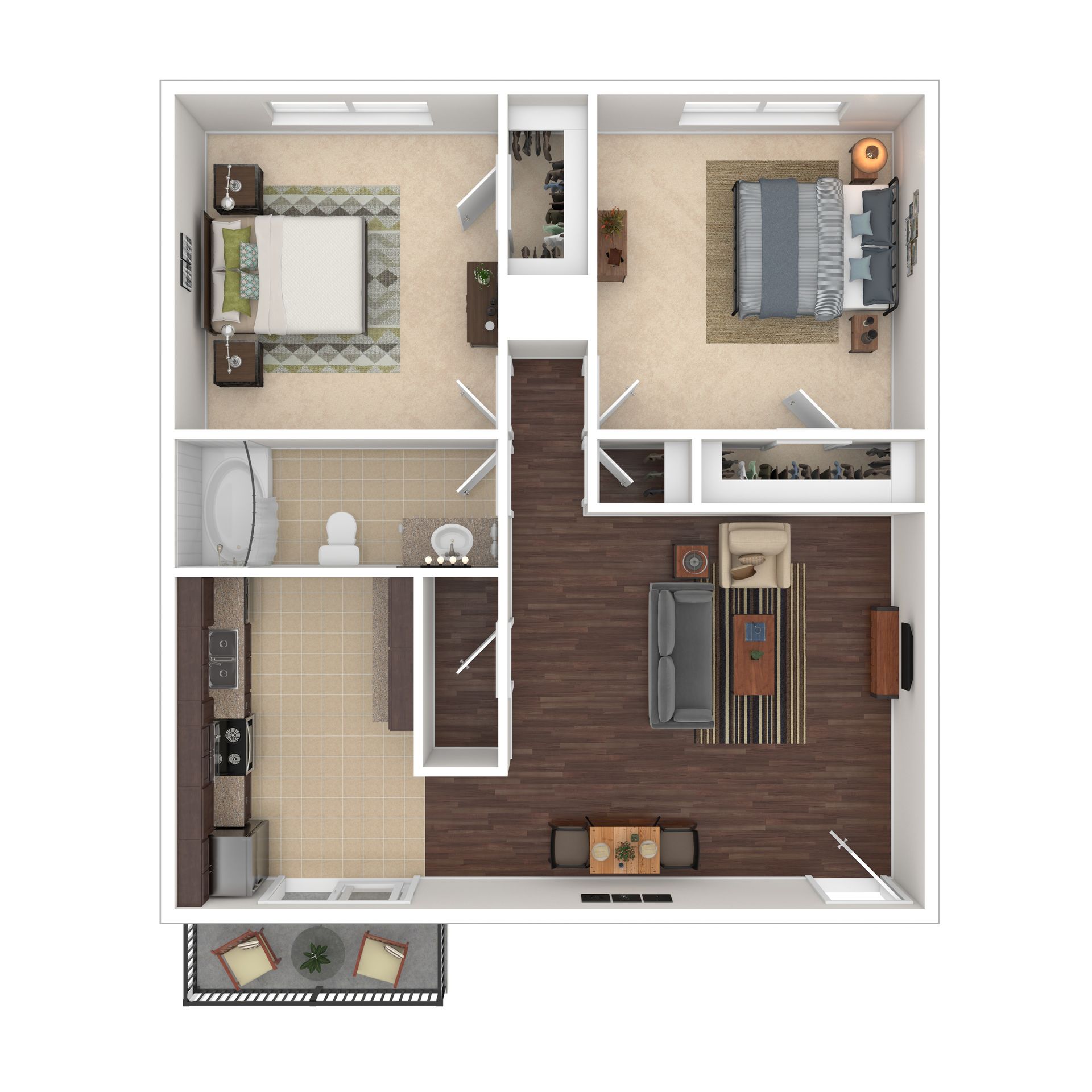 Floor plan of a two-bedroom apartment with a living room, kitchen, bathroom, and balcony.