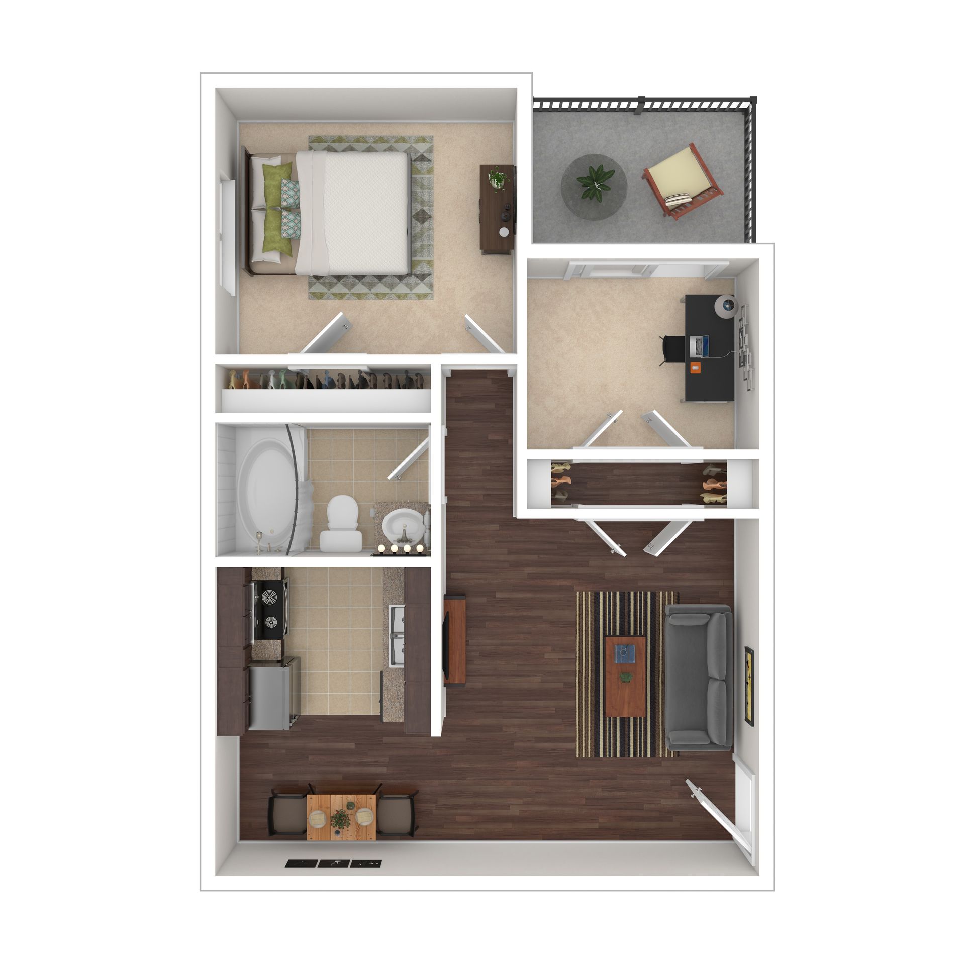 Floor plan of an apartment with a bedroom, bathroom, kitchen, living area, and balcony.