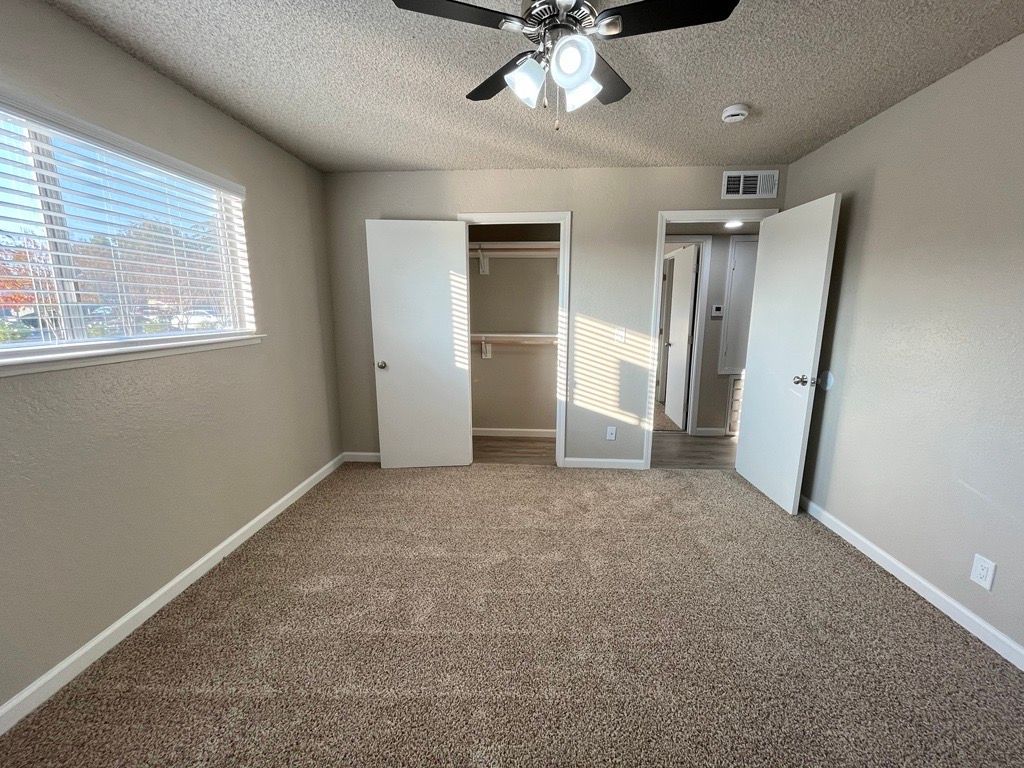 Empty bedroom with closet and doors, beige walls, carpet, and a ceiling fan.