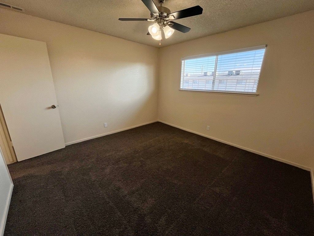Empty bedroom with dark carpet, a white door, and a window with a view.