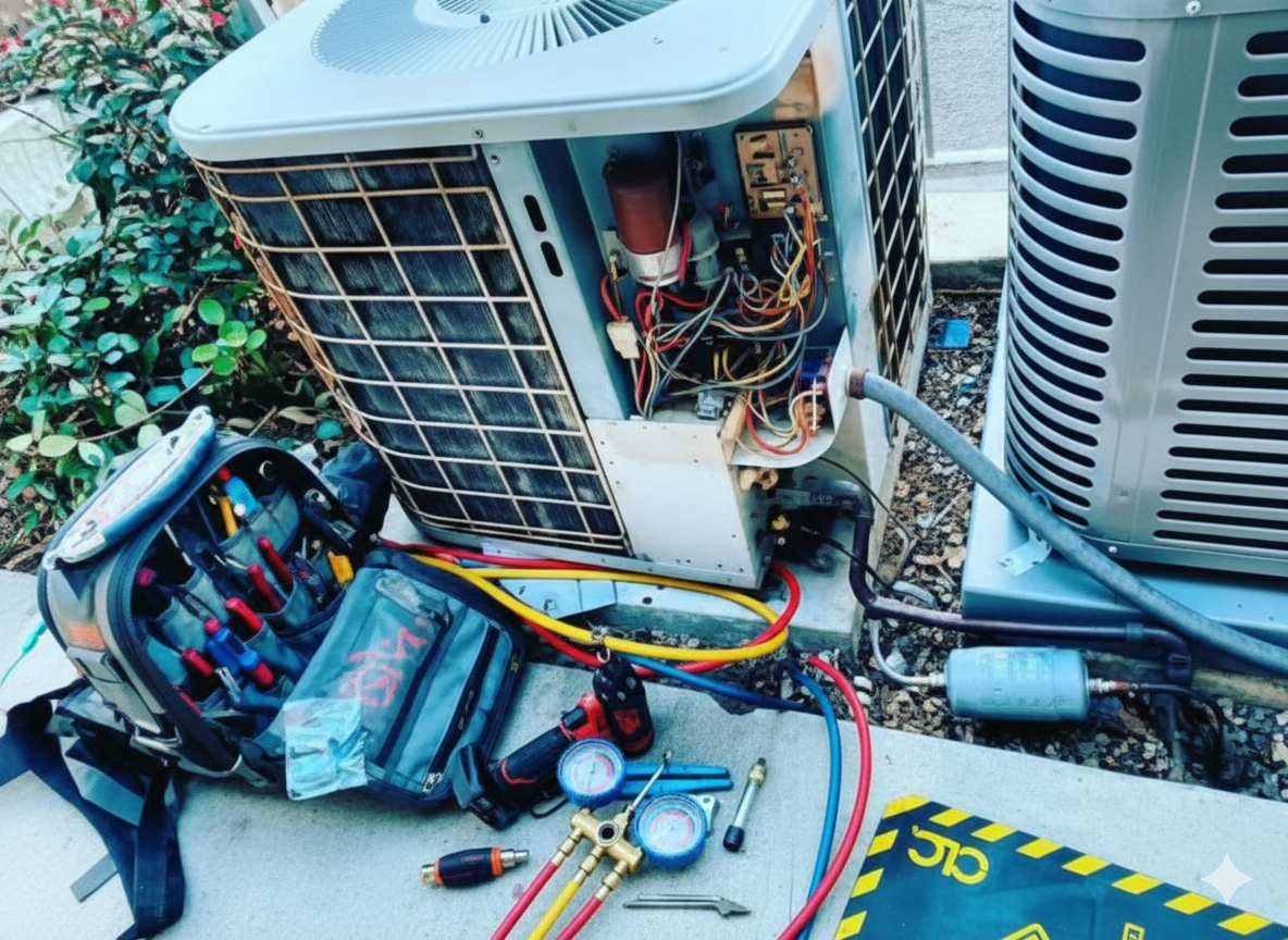 HVAC repair: Technician working on an outdoor air conditioning unit with tools and gauges.