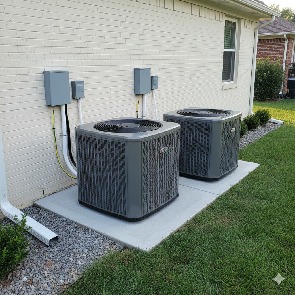 Two gray air conditioning units on concrete pad next to a white brick building.