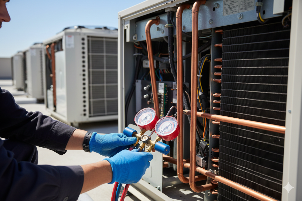 Technician wearing blue gloves checking HVAC unit gauges with copper pipes outdoors.