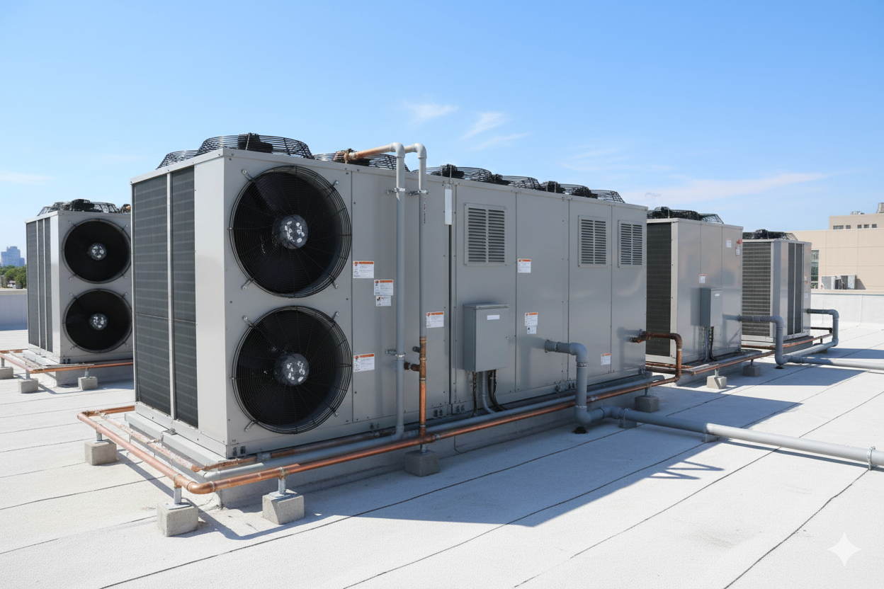 HVAC units on a rooftop, gray metal boxes with large fans, pipes, and a bright blue sky.
