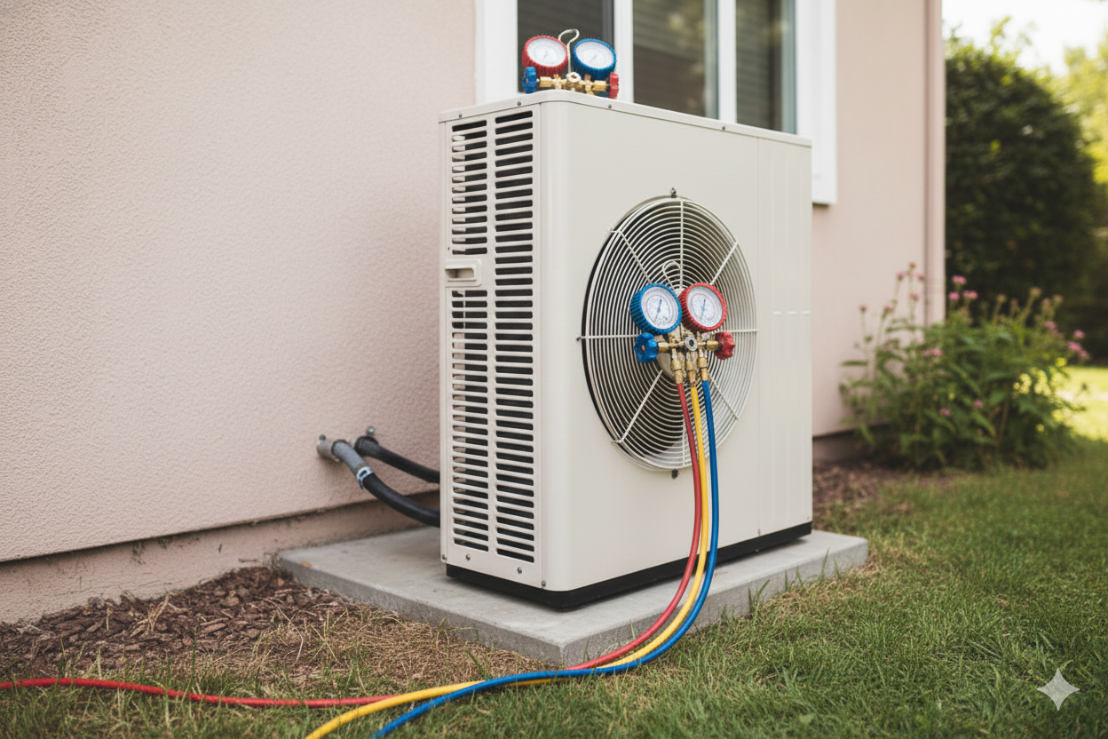 Air conditioning unit being serviced with gauges and hoses on a concrete pad near a building.