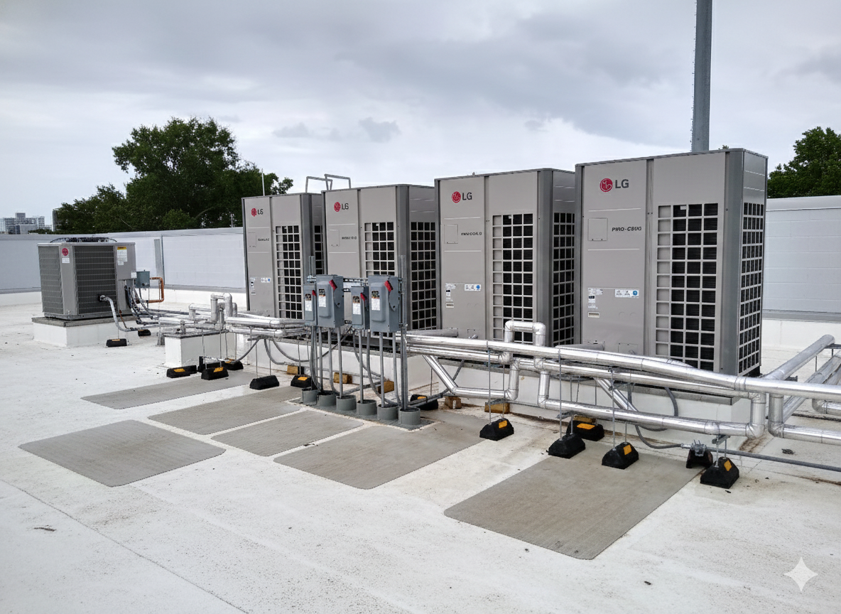 Rooftop HVAC units, gray, arranged on a flat roof with pipes and supports. Sky and trees visible.