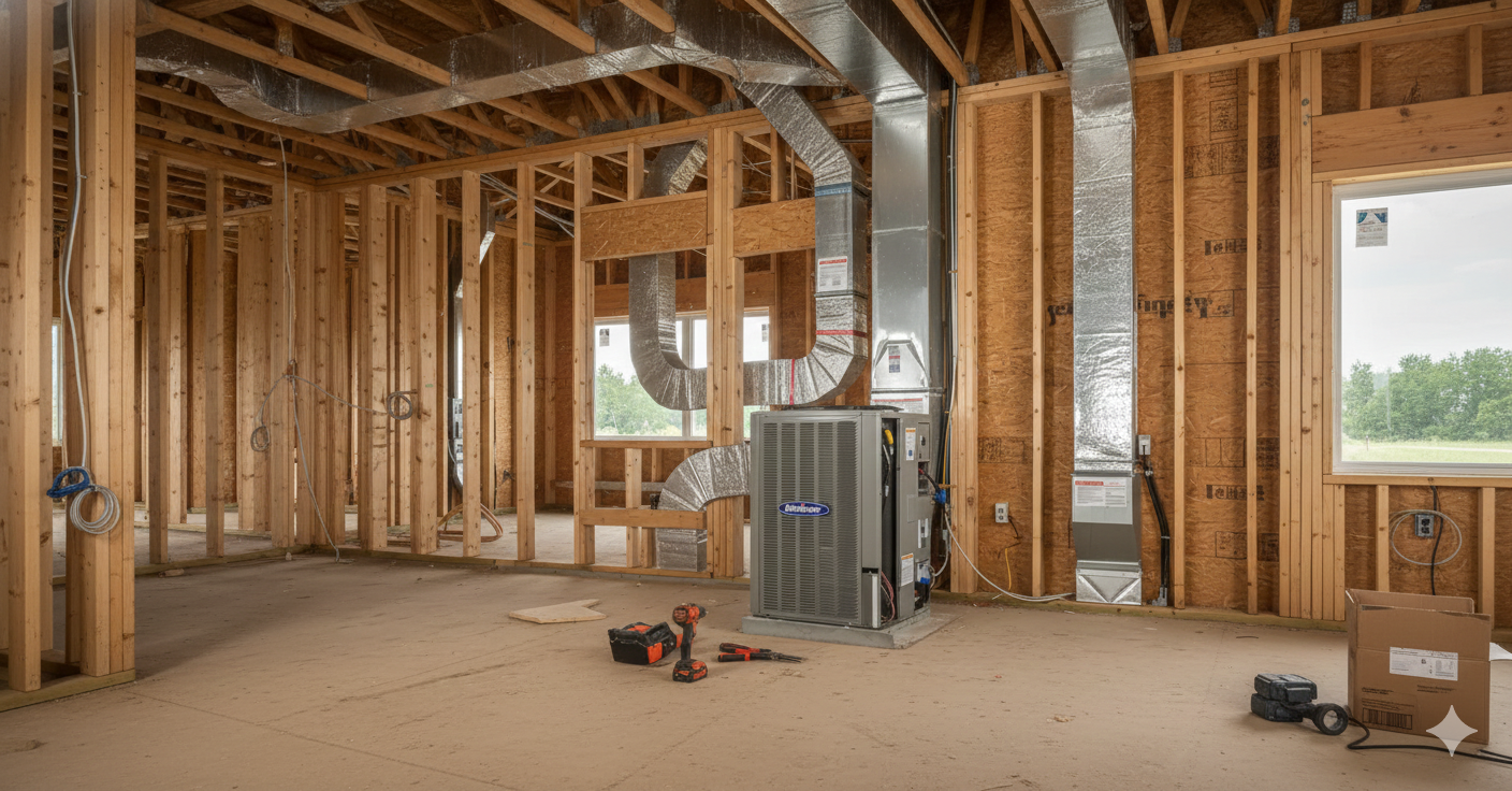 Unfinished room with HVAC unit, ductwork, and window in a wood-framed house under construction.