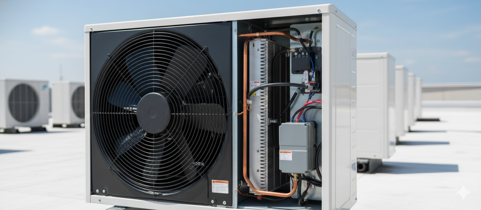 HVAC unit on a rooftop. The unit is open, showing the fan and internal components. Other units are in the background.