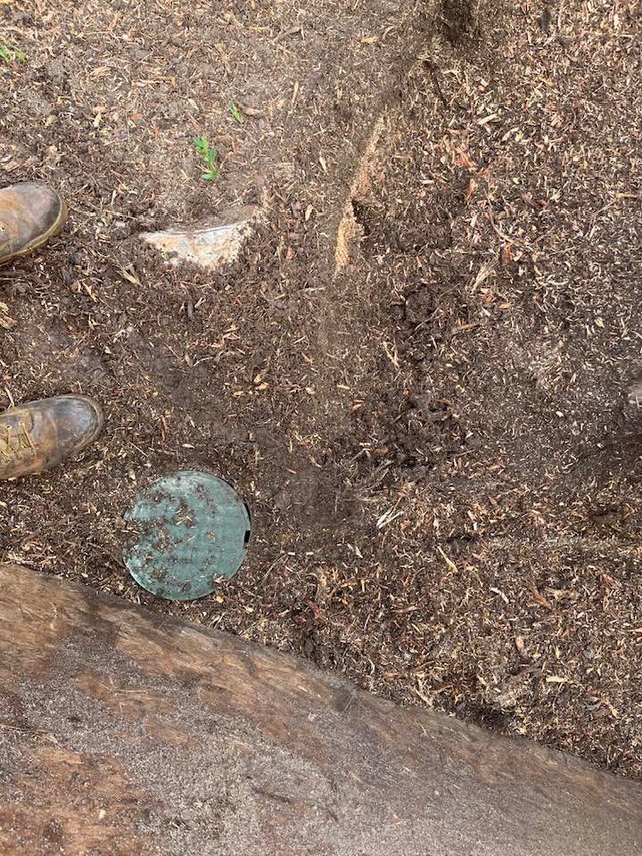 Round green access cover in dirt and mulch. Brown boots in the soil at top left.