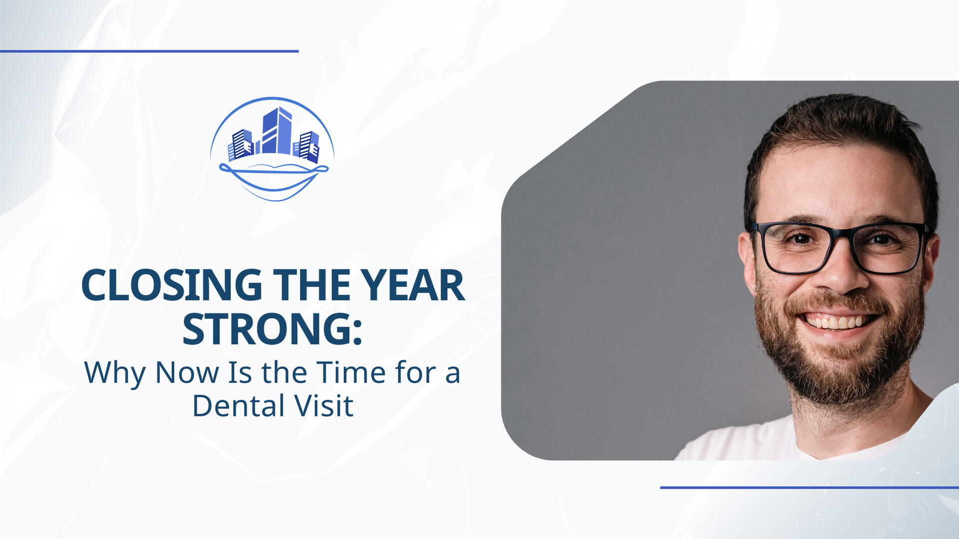 Smiling man in glasses with text: 