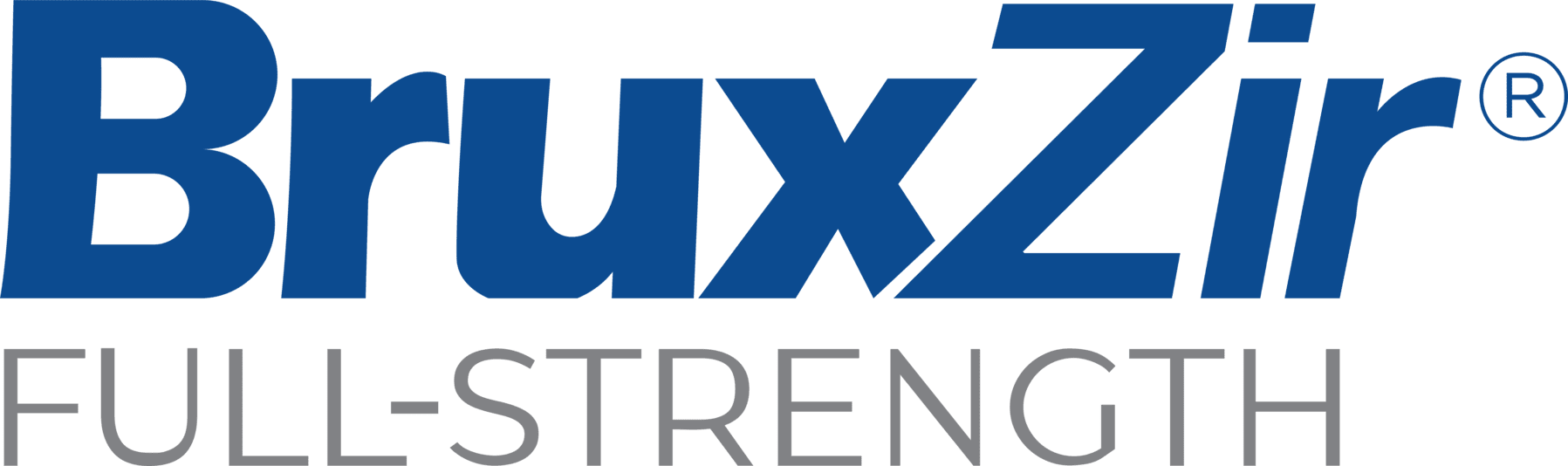A blue and white logo for bruxzir full strength