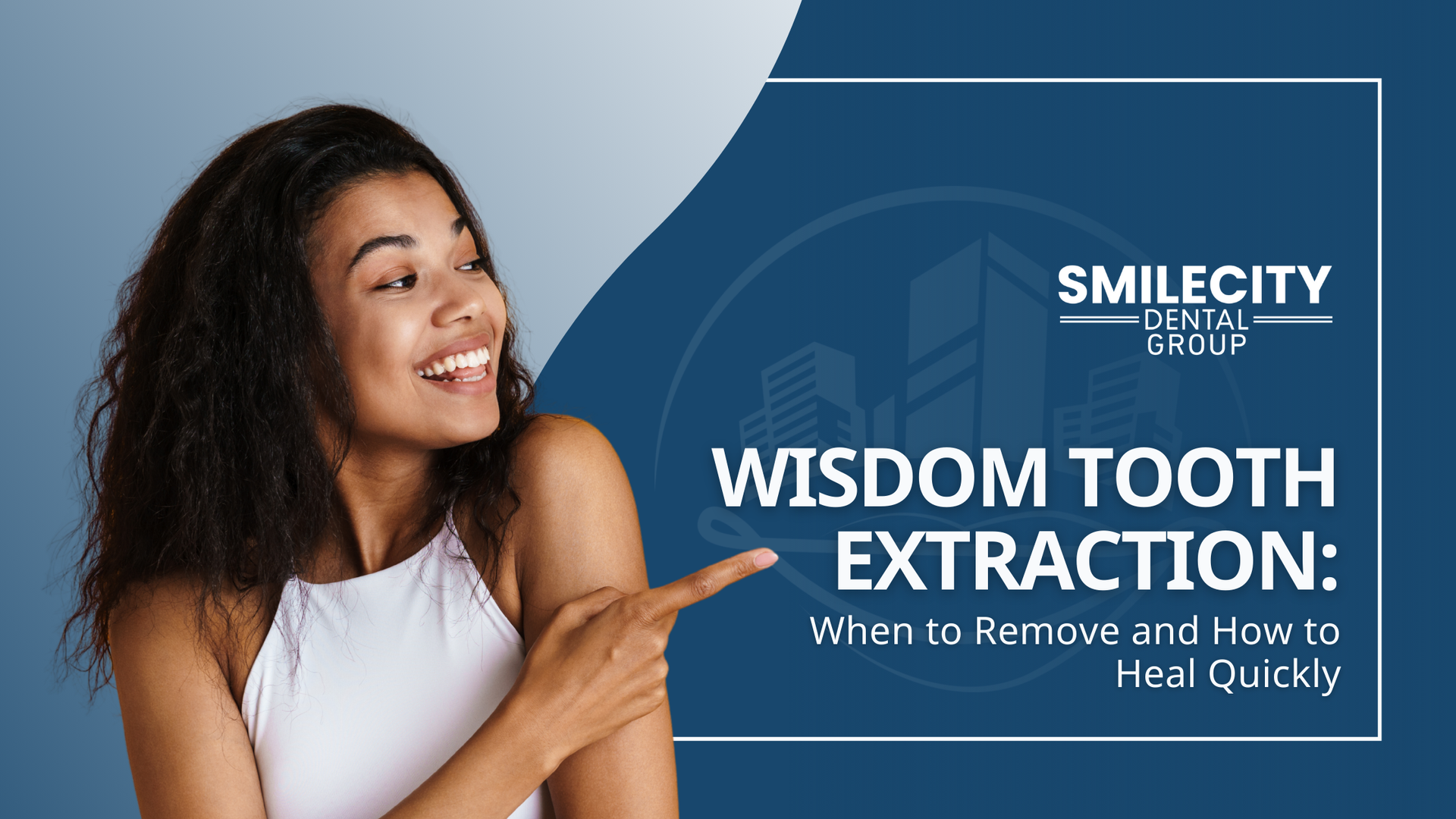 Woman pointing at text about wisdom tooth extraction. Blue background.