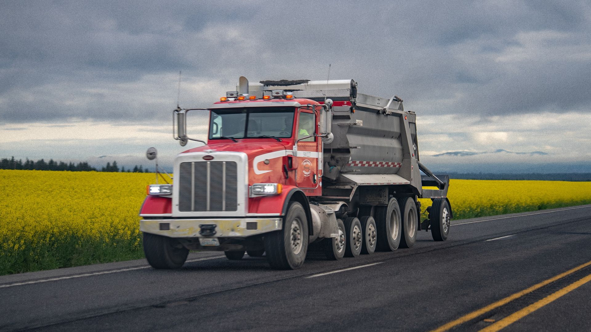 Red dump truck driving on a road next to a yellow field under a cloudy sky.