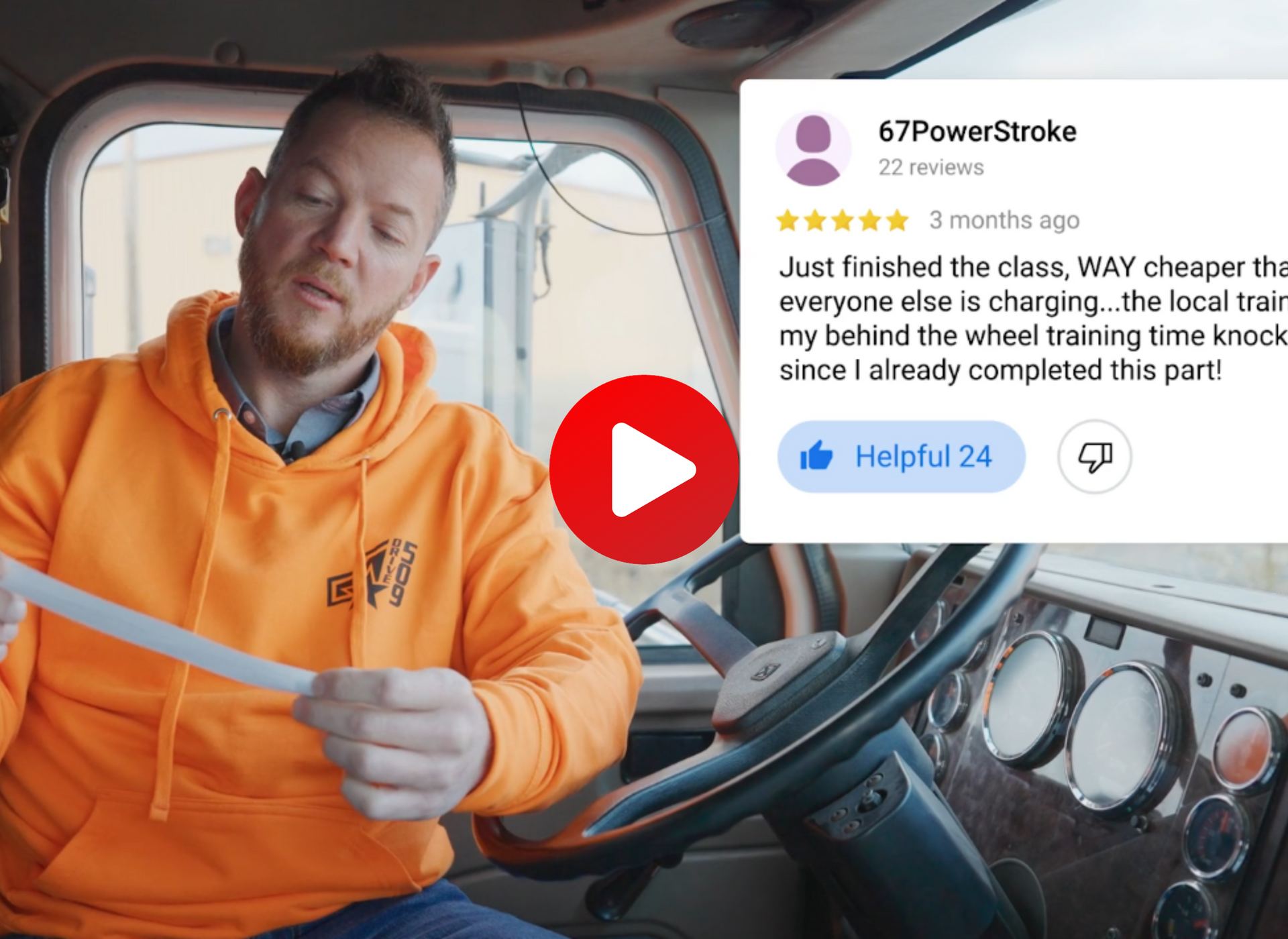 a video of a man sitting in a truck next to a review for eldt.com student reviews