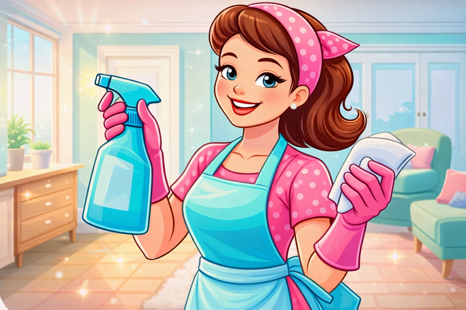 A person holding a spray bottle and cloth in a clean living room — Maid to Gleam & Shine in Nambucca Heads, NSW