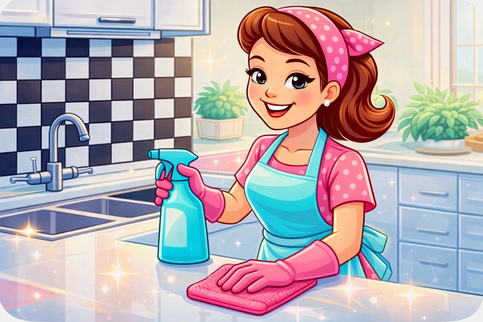 A person in a pink outfit cleans a kitchen with a spray bottle and cloth — Maid to Gleam & Shine in Nambucca Heads, NSW