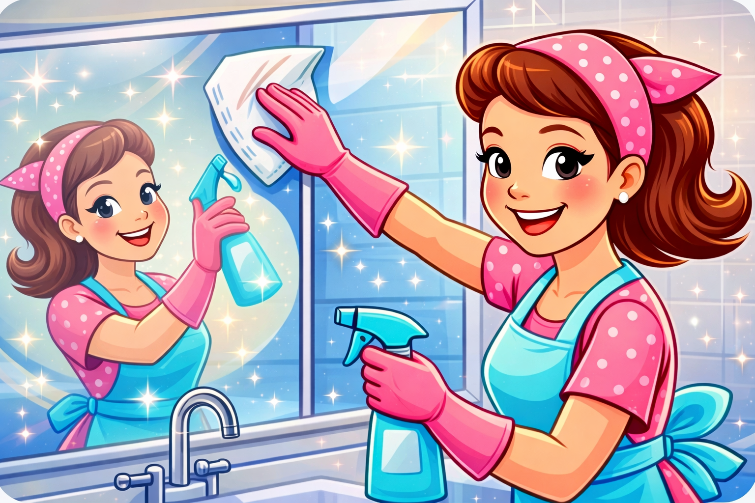 A person in a pink polka-dot headband and blue apron cleans a bathroom mirror — Maid to Gleam & Shine in Nambucca Heads, NSW