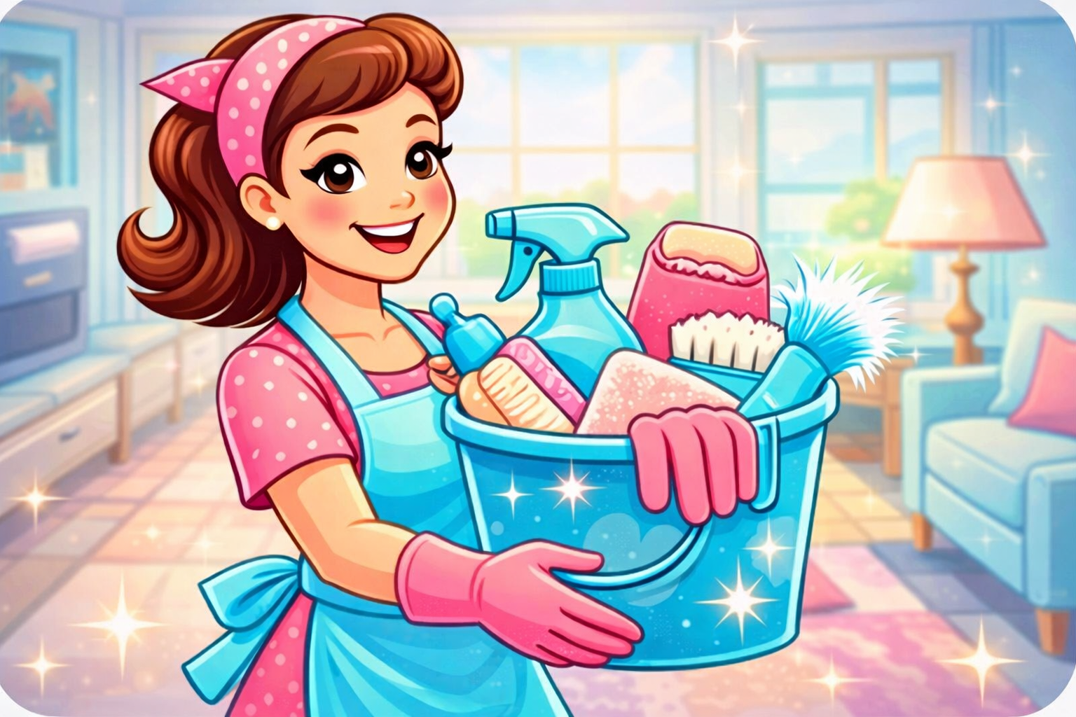 A person with a ponytail holds a bucket full of cleaning supplies — Maid to Gleam & Shine in Nambucca Heads, NSW