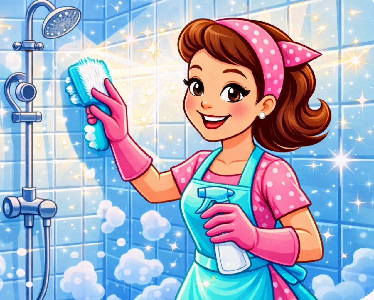 A person wearing pink gloves cleans a tiled shower — Maid to Gleam & Shine in Nambucca Heads, NSW