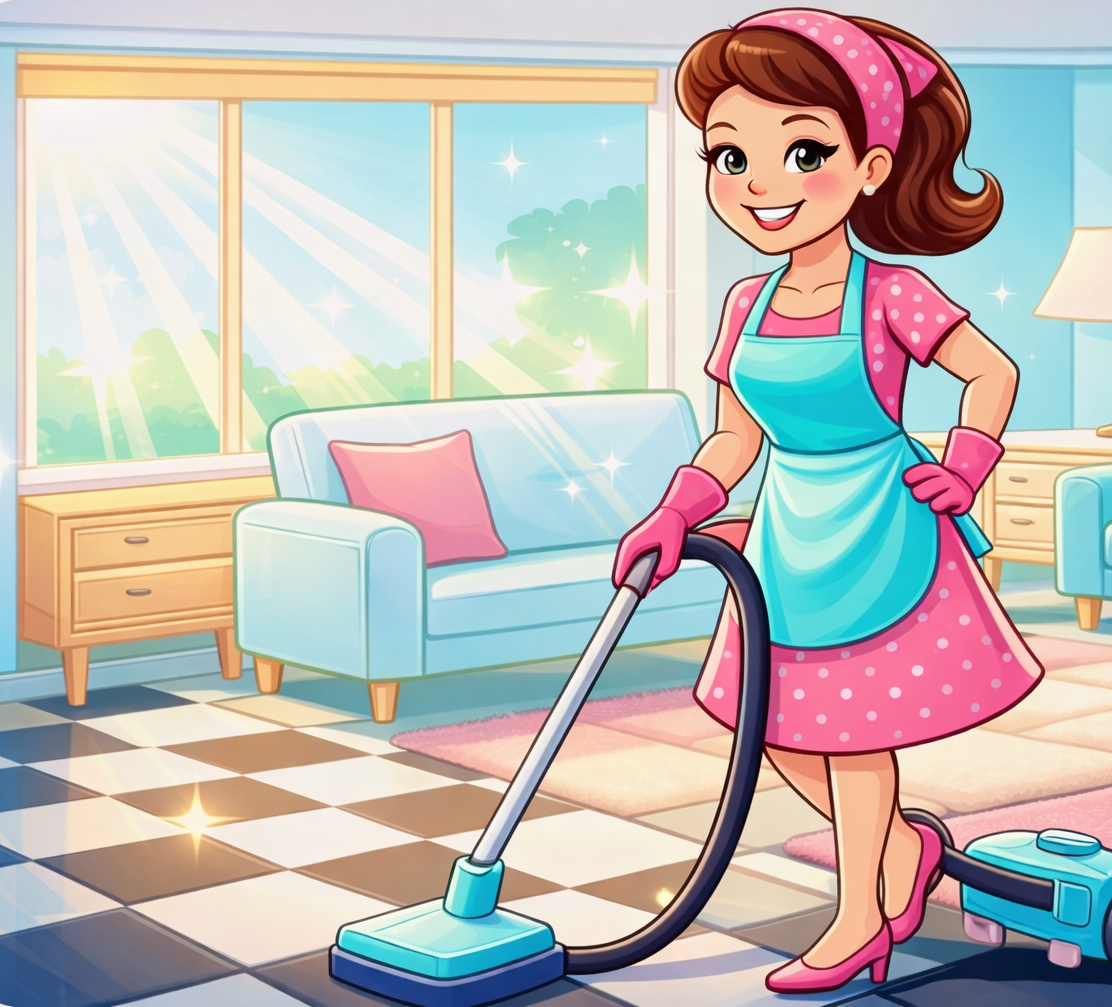 A person in a pink dress uses a vacuum cleaner to clean a living room — Maid to Gleam & Shine in Nambucca Heads, NSW