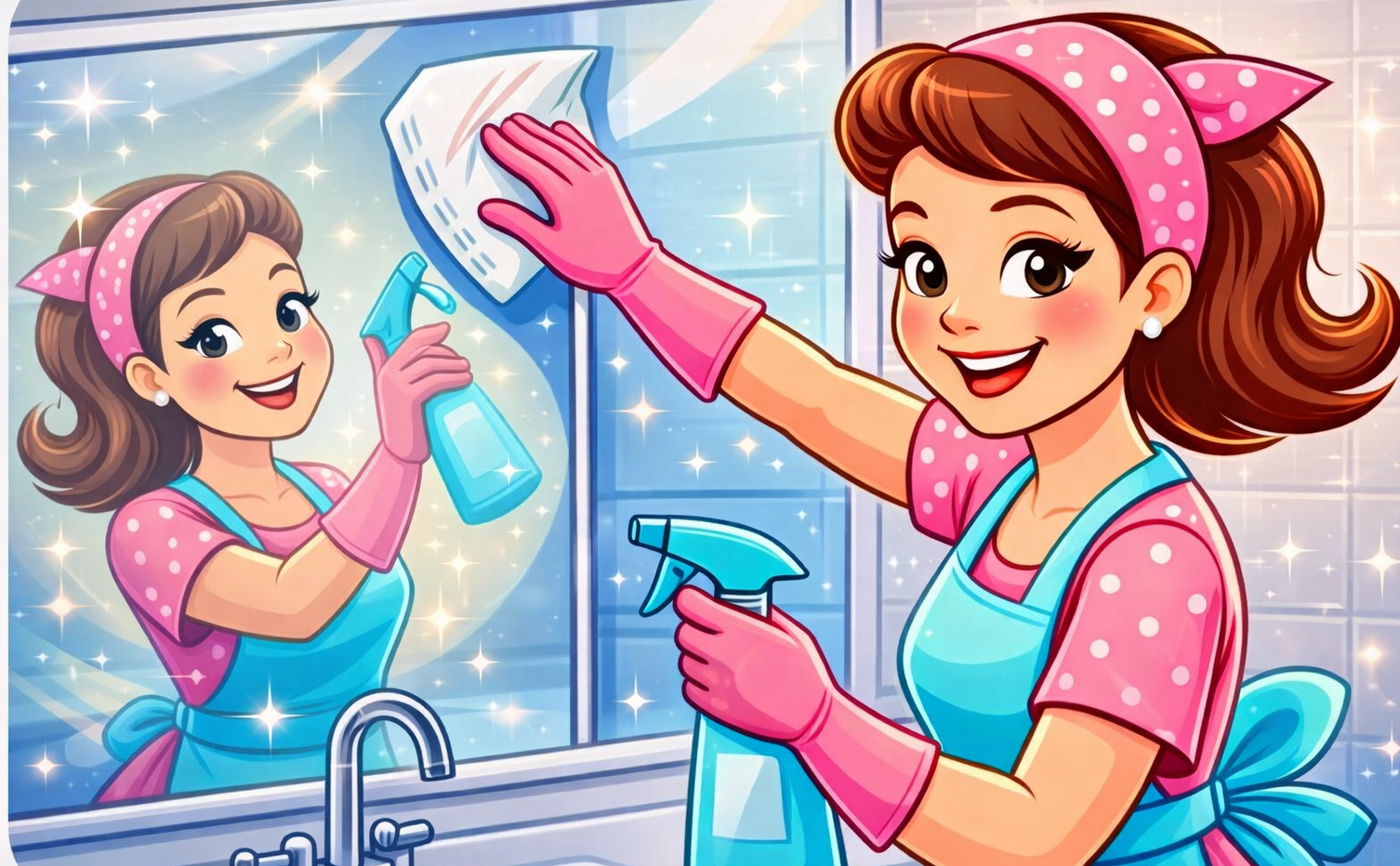 A cheerful person cleaning a mirror with a spray bottle and cloth — Maid to Gleam & Shine in Nambucca Heads, NSW