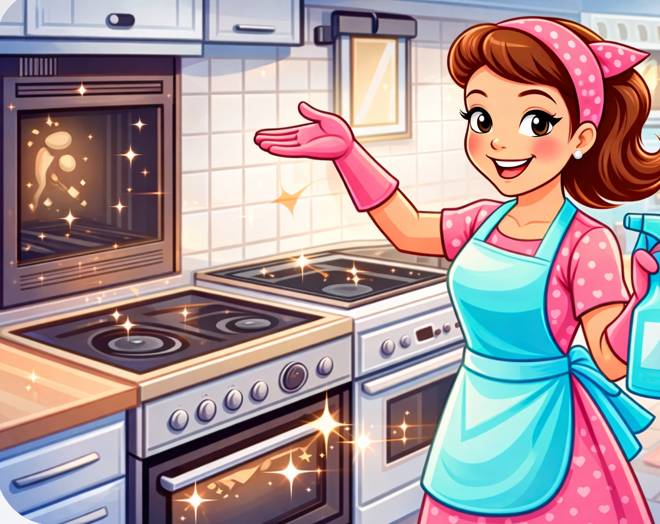 A person gestures toward a sparkling clean kitchen — Maid to Gleam & Shine in Nambucca Heads, NSW