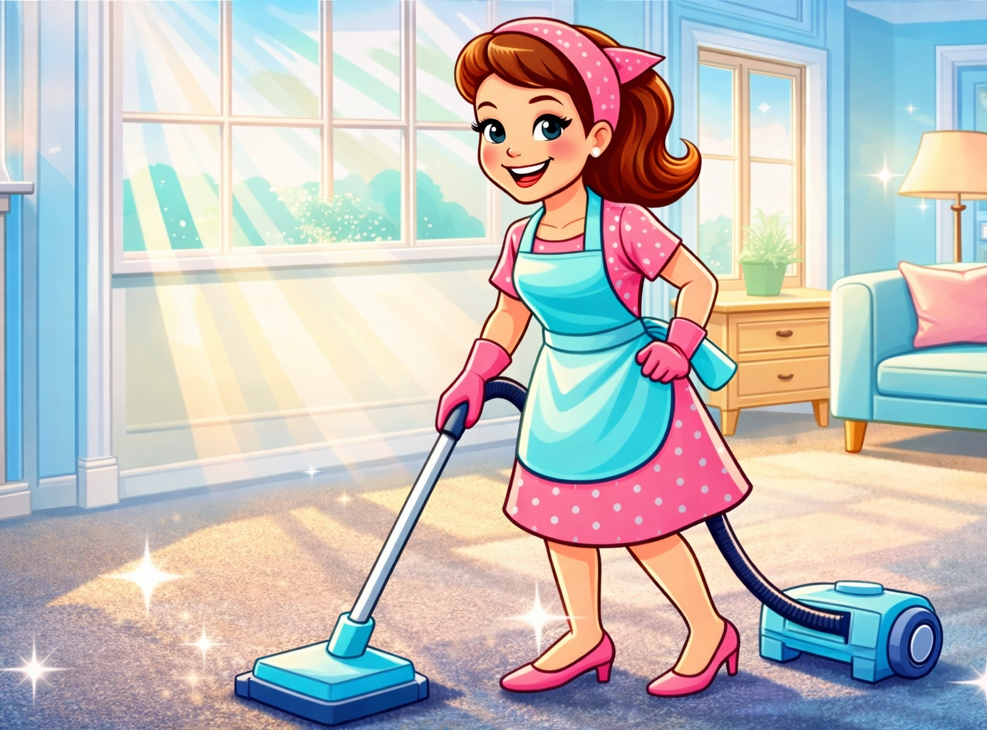 A person in a pink dress and blue apron vacuums a carpeted room — Maid to Gleam & Shine in Nambucca Heads, NSW