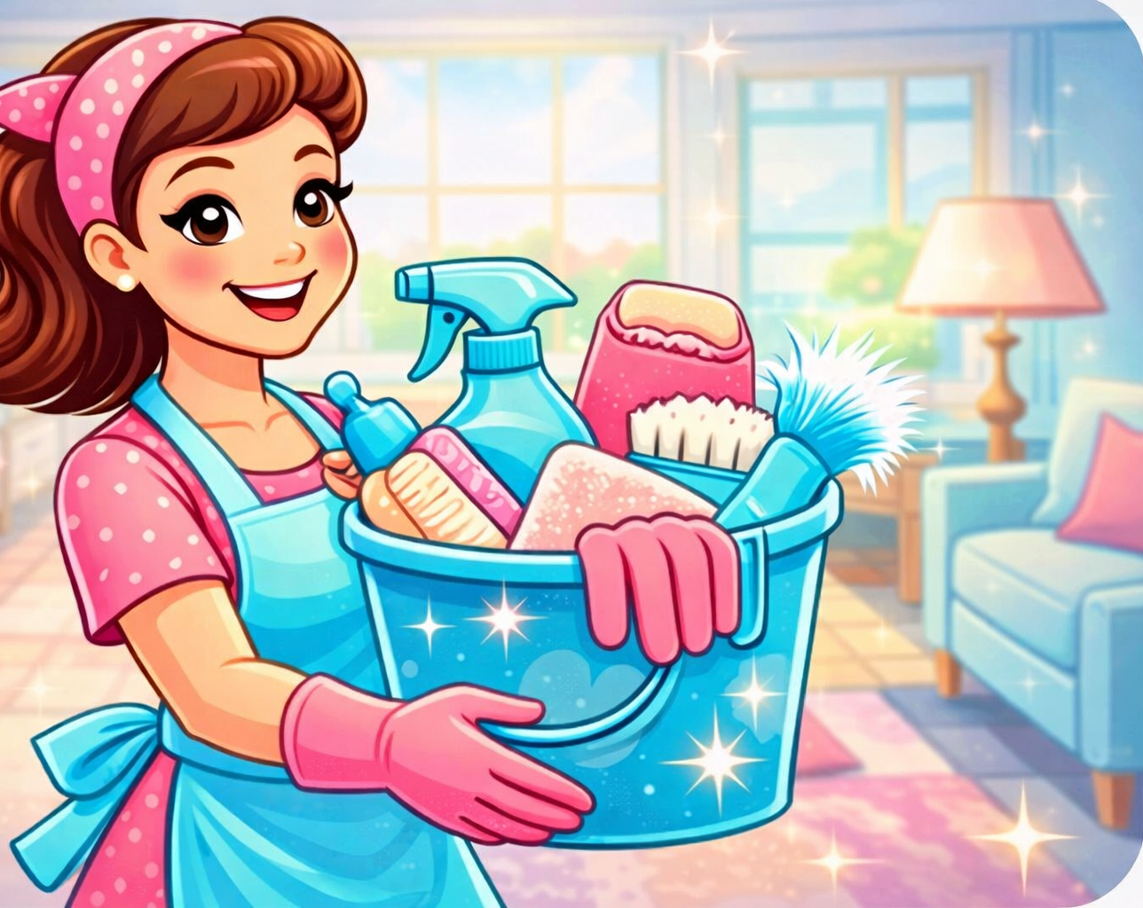 A smiling person in an apron and gloves holds a blue bucket — Maid to Gleam & Shine in Nambucca Heads, NSW