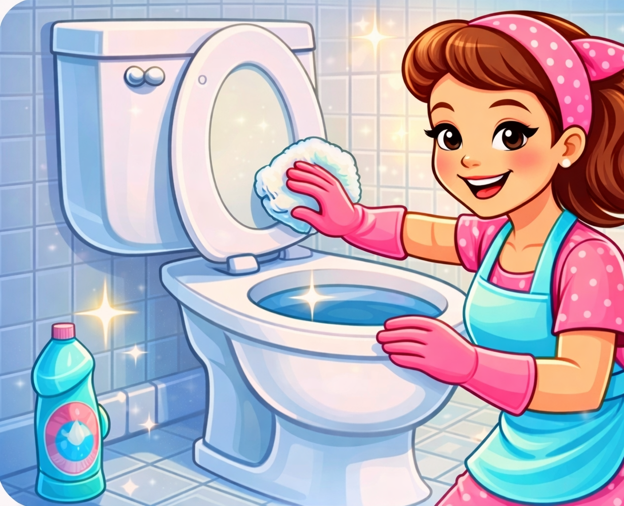 A person in pink gloves and a blue apron happily cleaning a toilet — Maid to Gleam & Shine in Nambucca Heads, NSW