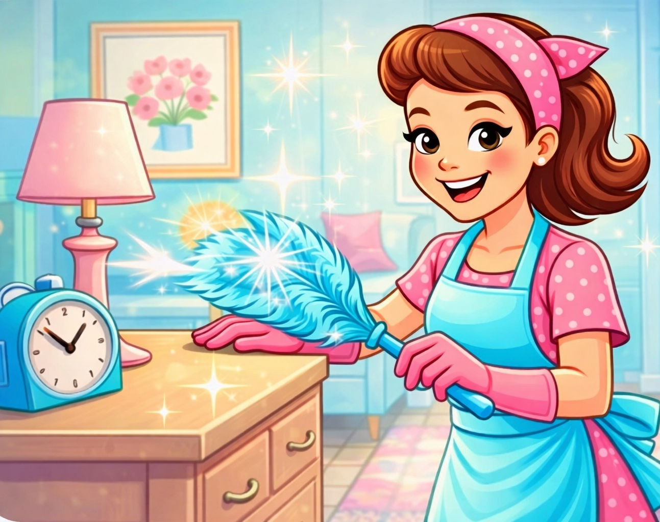 A person in a pink outfit and blue apron cleans a wooden bedside table — Maid to Gleam & Shine in Nambucca Heads, NSW