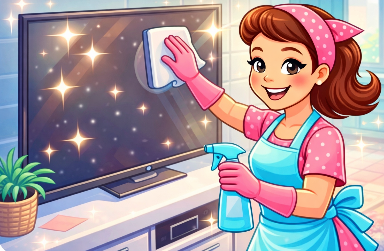 A person cleaning a TV screen with a spray bottle and cloth — Maid to Gleam & Shine in Nambucca Heads, NSW