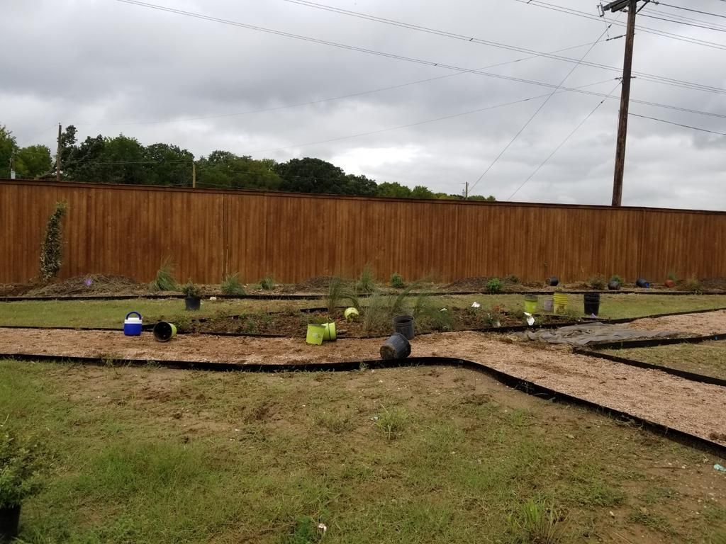 A backyard with a wooden fence and a path
