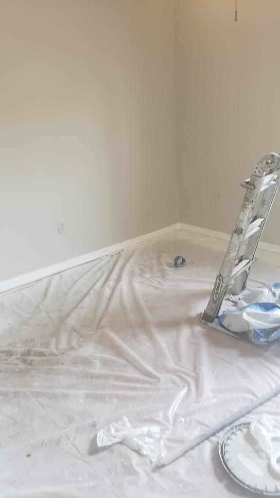 A room is being painted and there is a ladder on the floor.