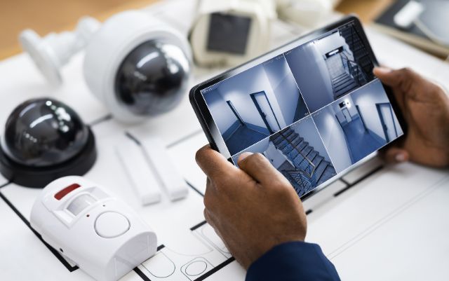 A person is holding a tablet with a security camera on it.