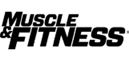 The logo for muscle and fitness is black and white.