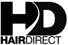 A black and white logo for hd hair direct on a white background.