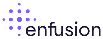 A logo for enfusion with purple dots on a white background