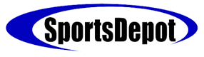 A blue and white sports depot logo on a white background