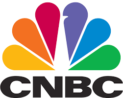 The cnbc logo has a rainbow colored feather and a bird on it.