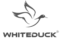A white duck logo with a duck flying in the air.