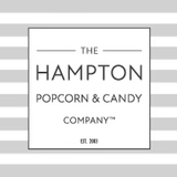 The logo for the hampton popcorn and candy company is on a striped background.