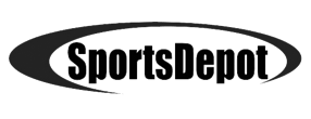 A black and white logo for sports depot on a white background.