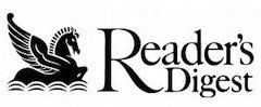 A black and white logo for reader 's digest with a winged horse on a rock.