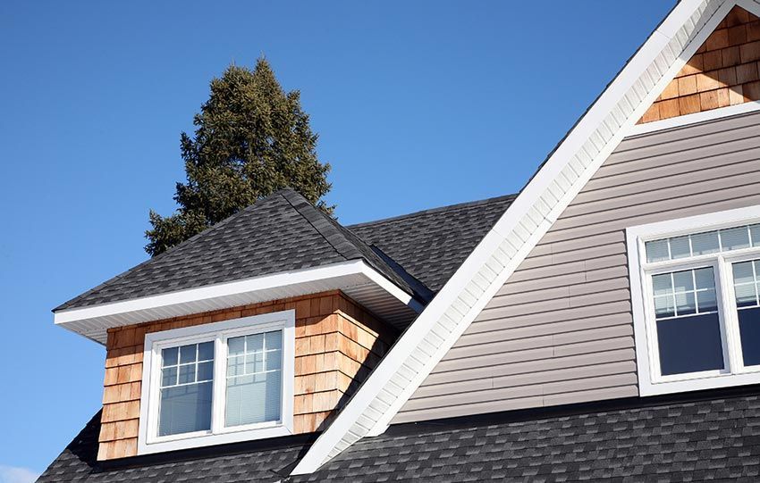 the roof of a house with two windows and a tree in the background .