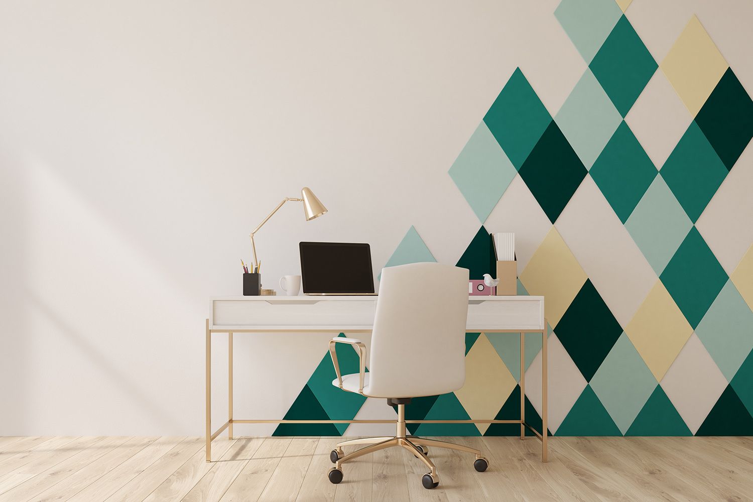 Home office with geometric wall design