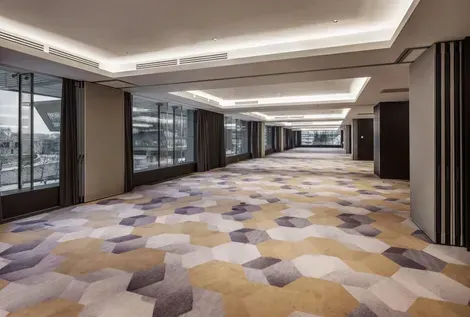 A long hallway with a carpet and a lot of windows.